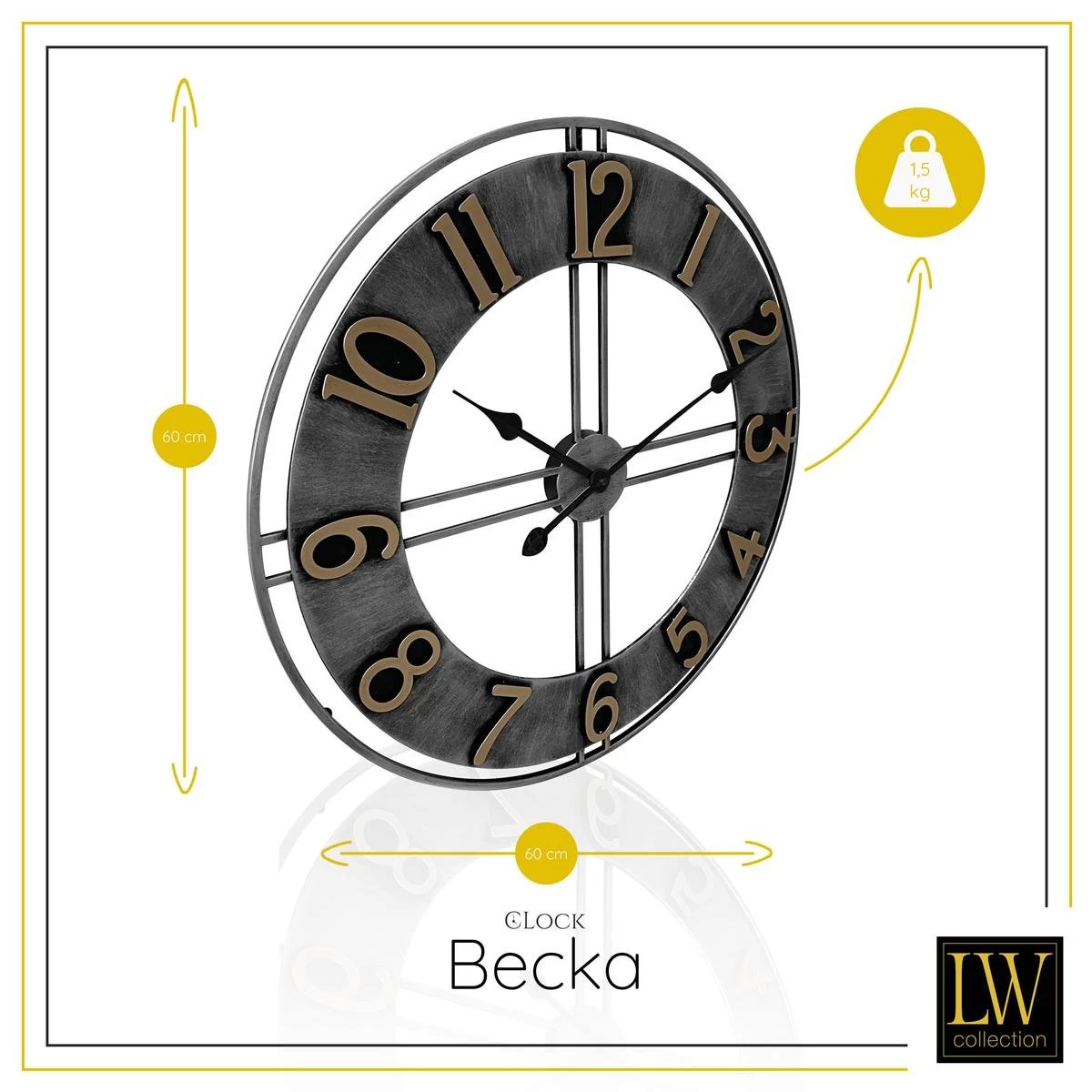 LW Collection Wandklok Becka Ø60cm - Grijs - Afbeelding 3
