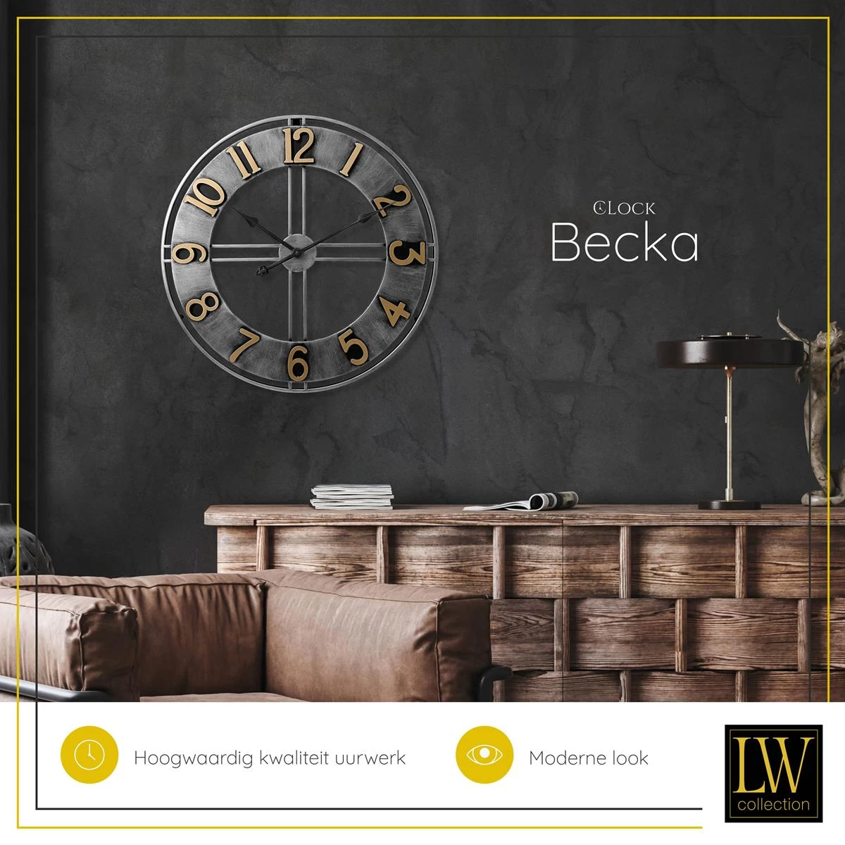 LW Collection Wandklok Becka Ø60cm - Grijs - Afbeelding 4