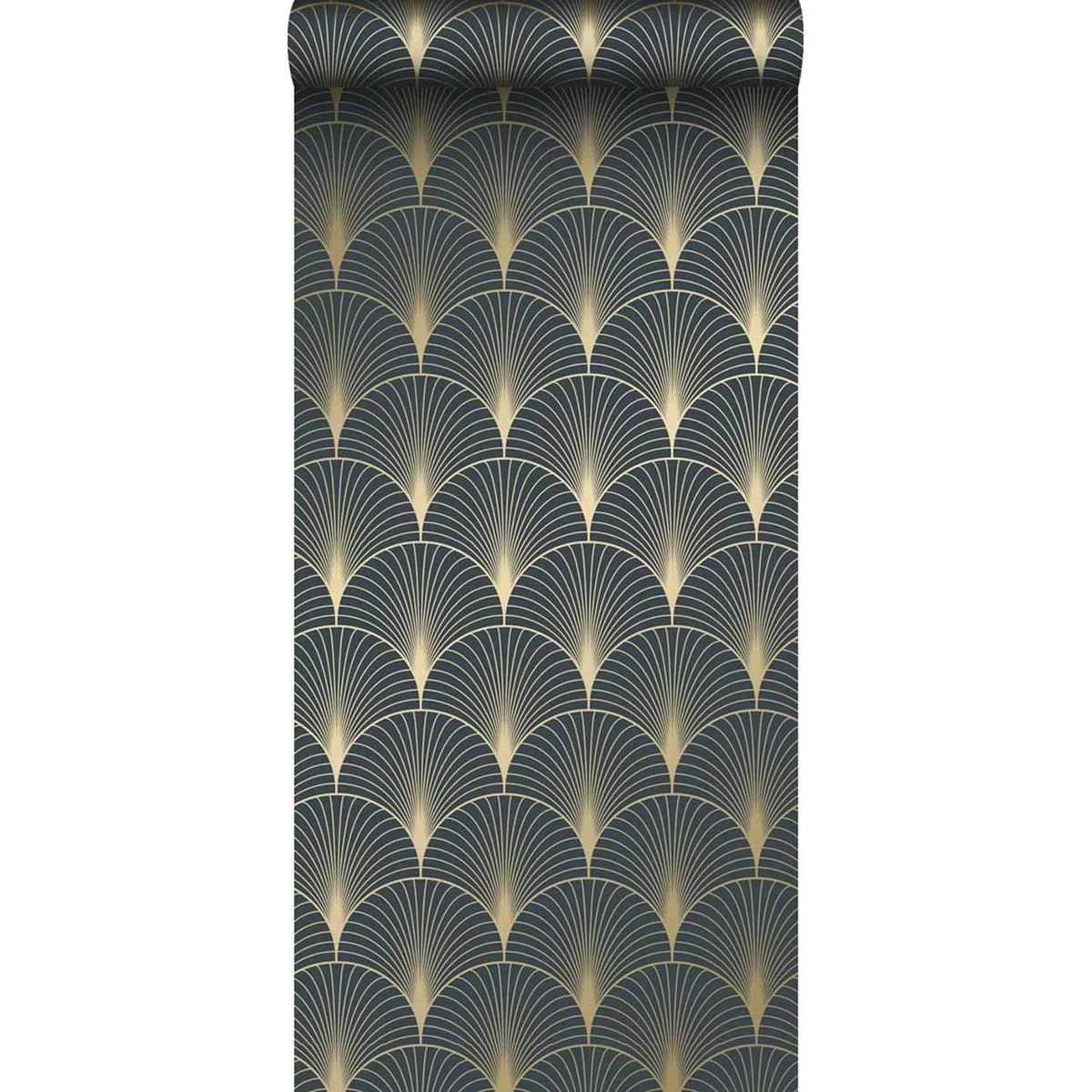 ESTAhome Behang Art Deco Motief Donkerblauw En Goud - 0,53 X 10,05 M -