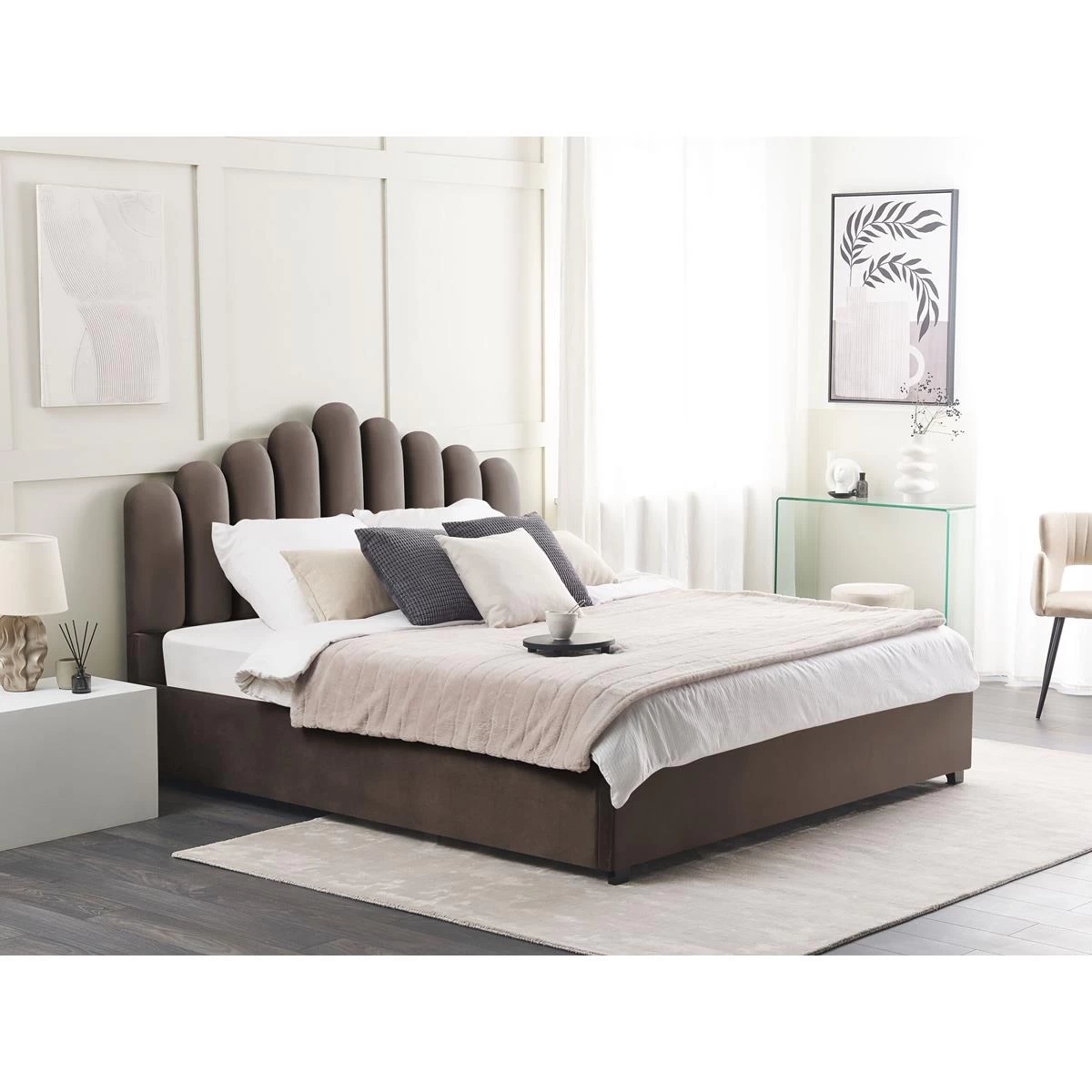 Beliani-VINCENNES -Tweepersoonsbed-Beige-180 X 200 Cm-Fluweel - Afbeelding 2