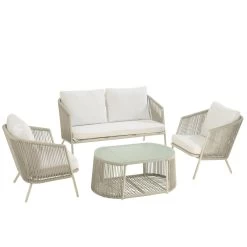 J-Line Set Eli 4P Zetels+Tafels+Kussens Metaal|Touw Grijs