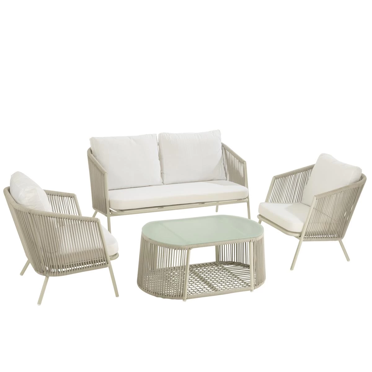 J-Line Set Eli 4P Zetels+Tafels+Kussens Metaal|Touw Grijs