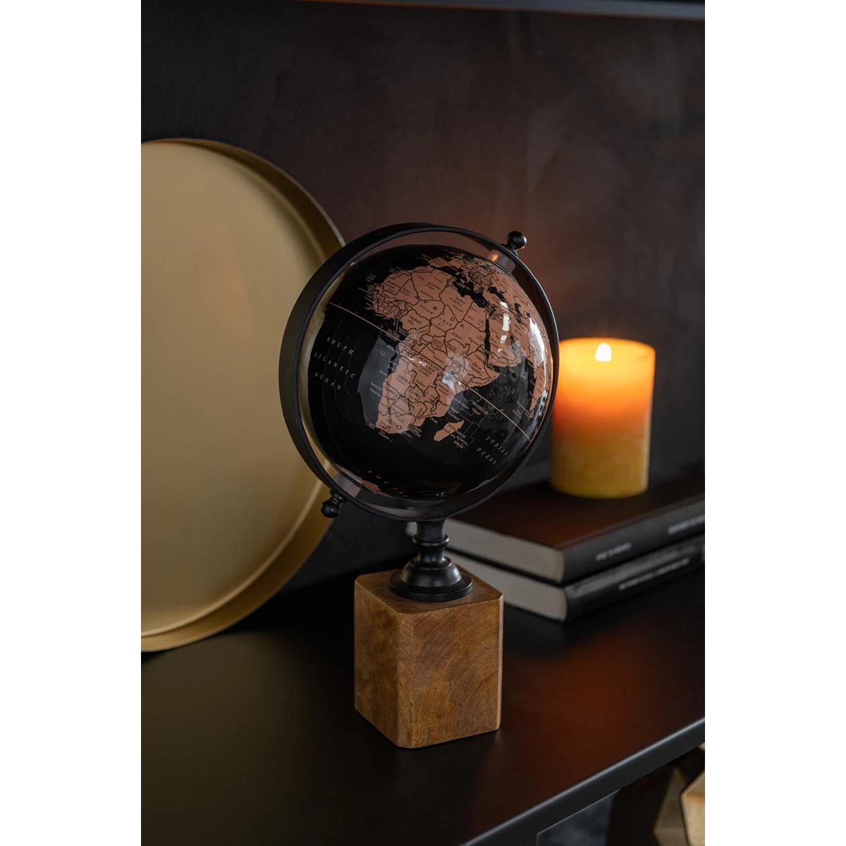 J-Line Wereldbol Op Voet Hout Zwart|Bruin Small - Afbeelding 2