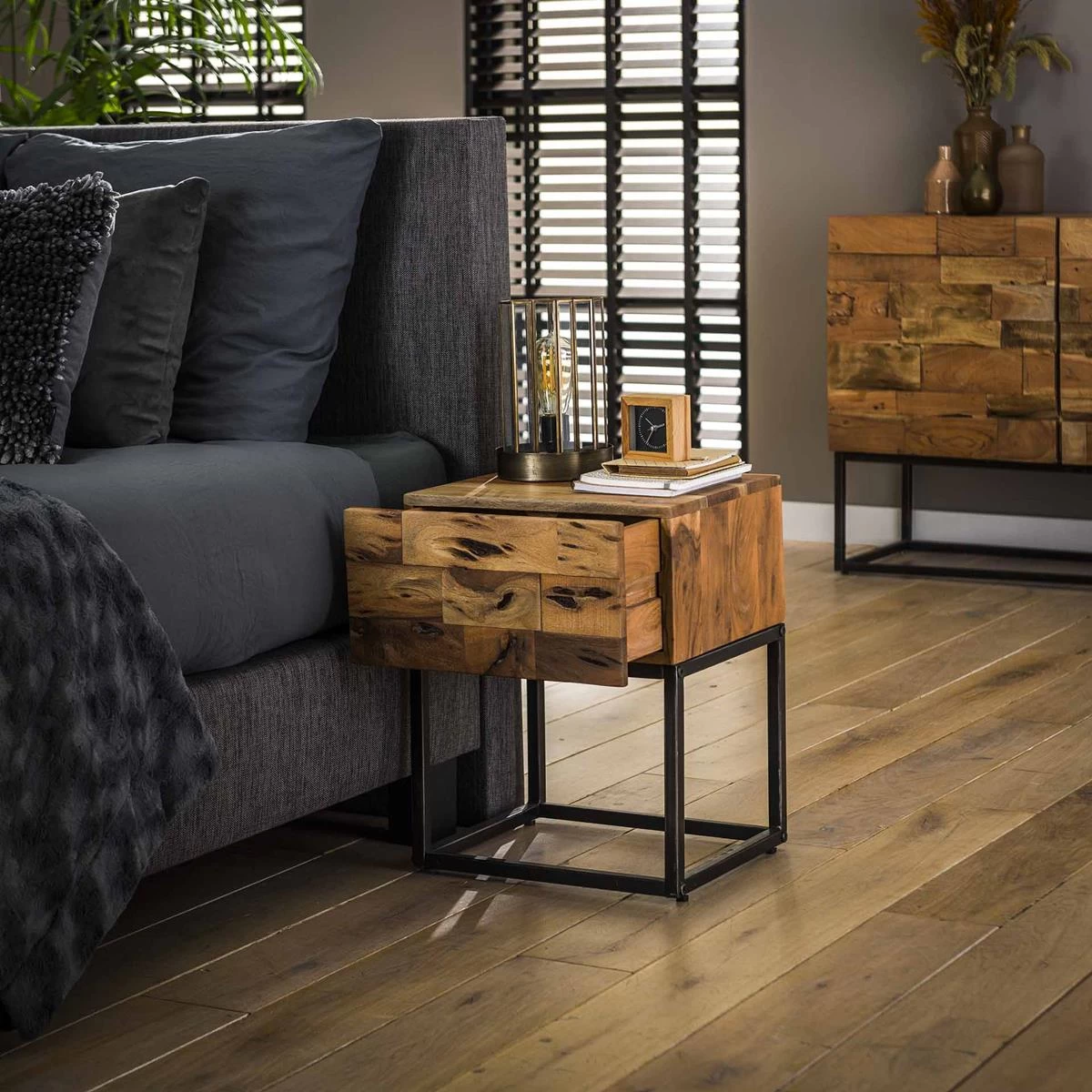 Hoyz - Nachtkastje Mill - 1 Lade - Zwart Bruin - 40x35x50 - Afbeelding 3