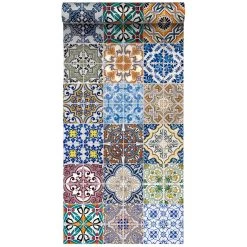 ESTAhome XXL Behang Spaanse Tegels Blauw, Oranje, Groen En Beige - 50