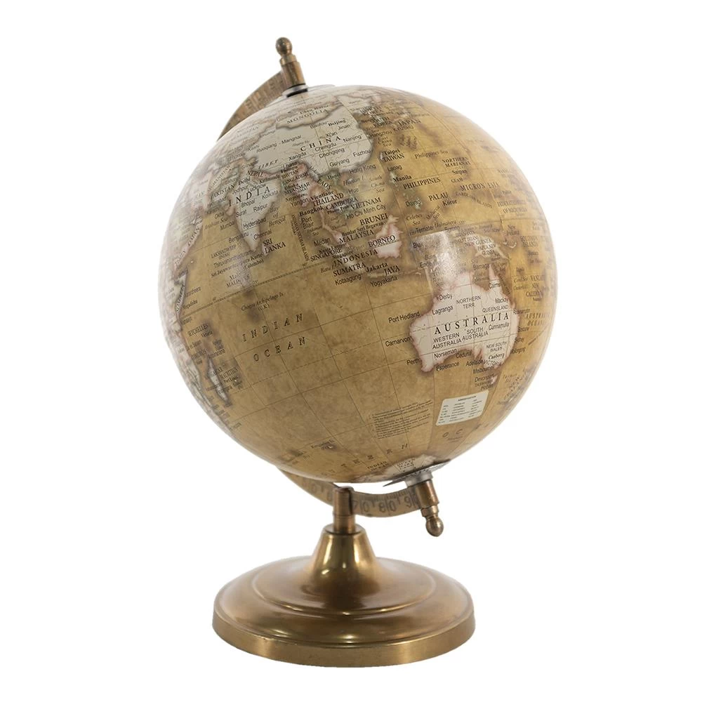 Clayre & Eef Wereldbol 22x30 Cm Geel Bruin Hout Metaal Globe - Afbeelding 2