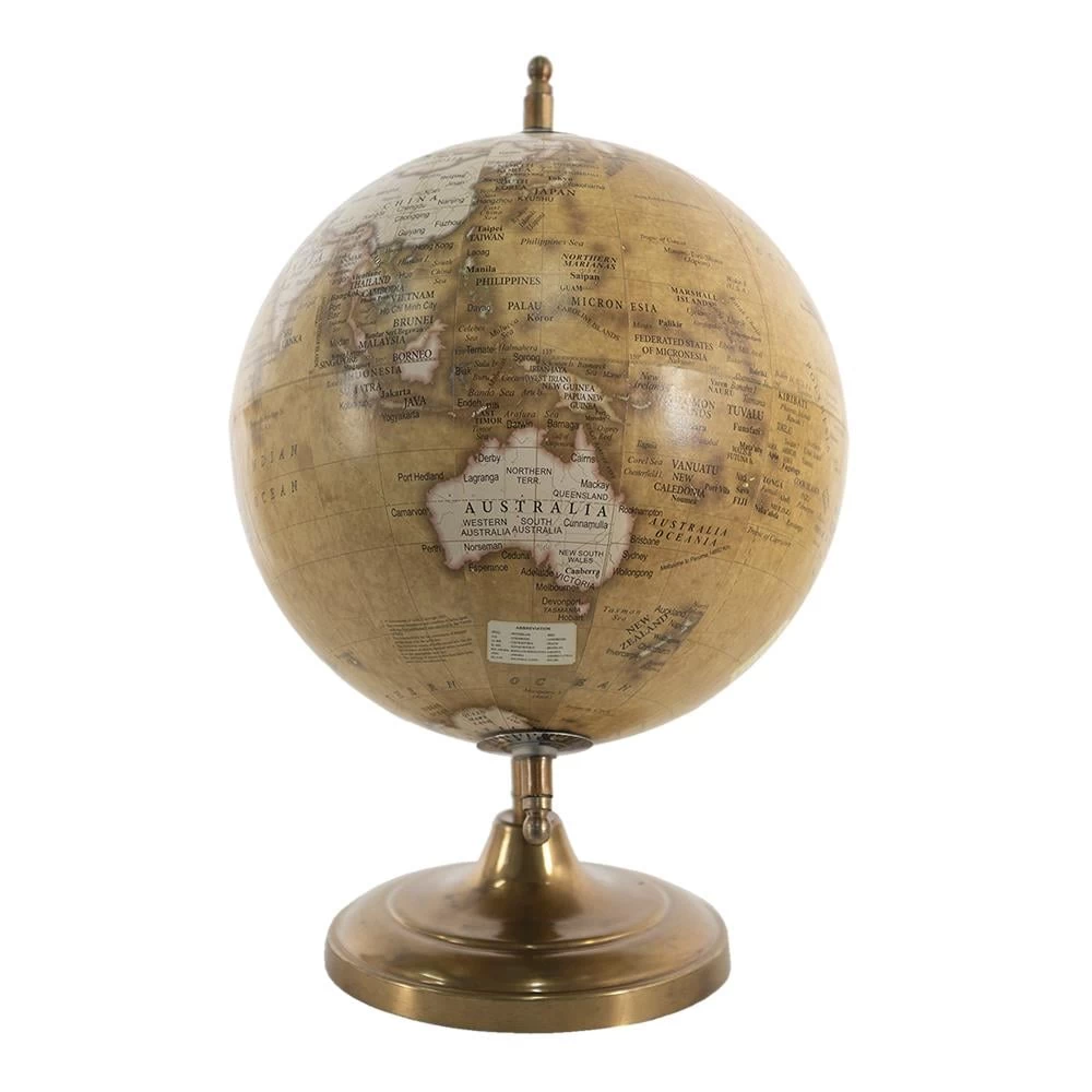 Clayre & Eef Wereldbol 22x30 Cm Geel Bruin Hout Metaal Globe - Afbeelding 3